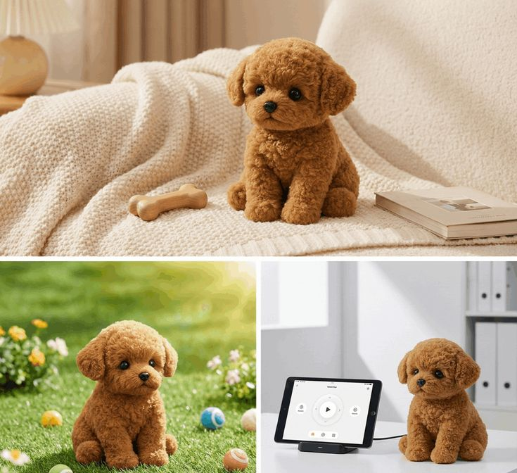 Wuffy DogGPT in various home settings — couch, garden, and controlled via app on tablet